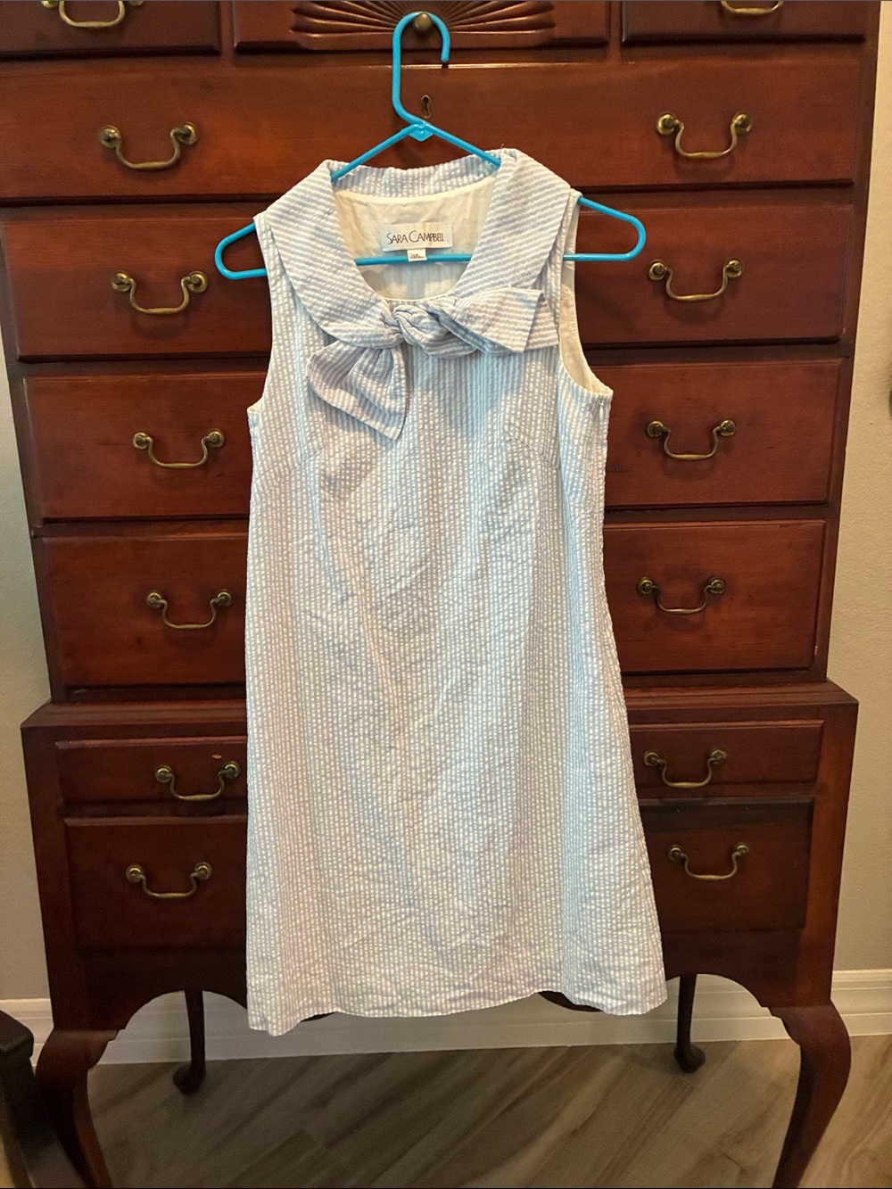 Sara Campbell Light Blue and White Seersucker Midi Dress with Bow